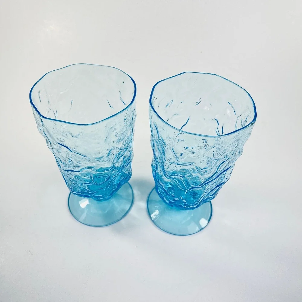 Seneca Driftwood Peacock Blue Water Goblets Set‎ 2 Textured Glass 1980